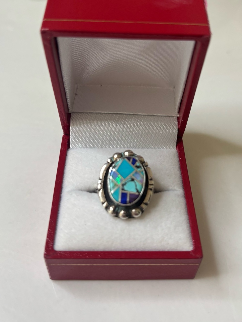 Begay Navajo Sterling Silver Turquoise Mosaic Oval Ring - Blue/GREEN
